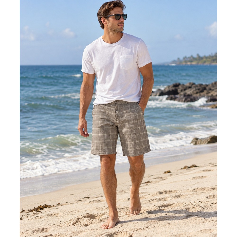 Express Mens Size 36 Brown Plaid Flat Front Cotton Shorts Bermuda Preppy
